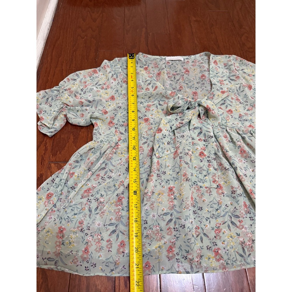 Bombyx‎ M. Moore Floral Babydoll Tie Front Blouse Sage Green Peplum Top Womens - Picture 4 of 5